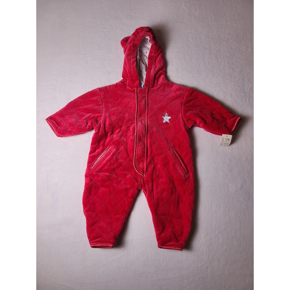 VTG Y2K Lullaby Club Snowsuit Baby 3/6 Months Red Quilted Velour Hooded Bunting